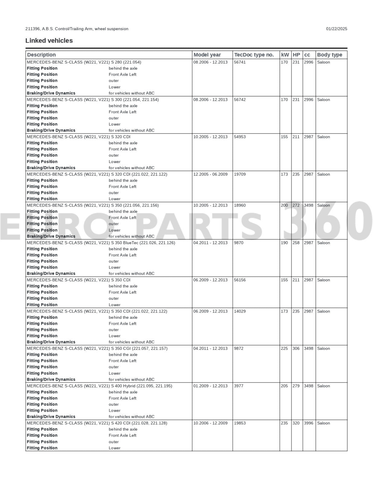 Mercedes Benz W221 V221 Front Left Lower Control Arm A2213308107 - Europarts360