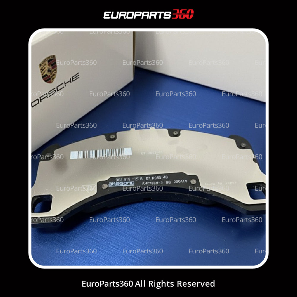 Brake pads on a blue surface with Porsche and EuroParts360 branding.
