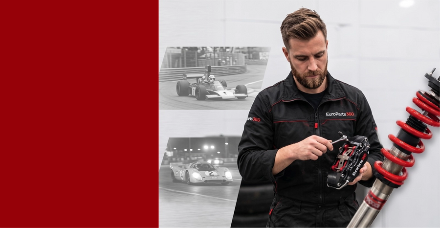A man in a black europarts360 racing team jacket holds a car suspension coilover with red springs, set against a split background of a solid red block and black-and-white racing photos.