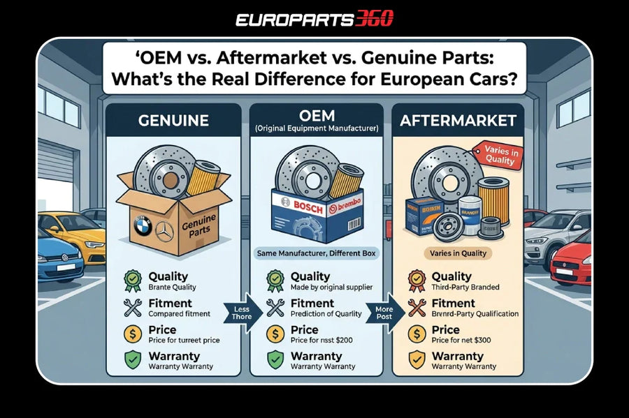 Visual comparison of OEM, OE, and aftermarket European car part categories on a workshop bench