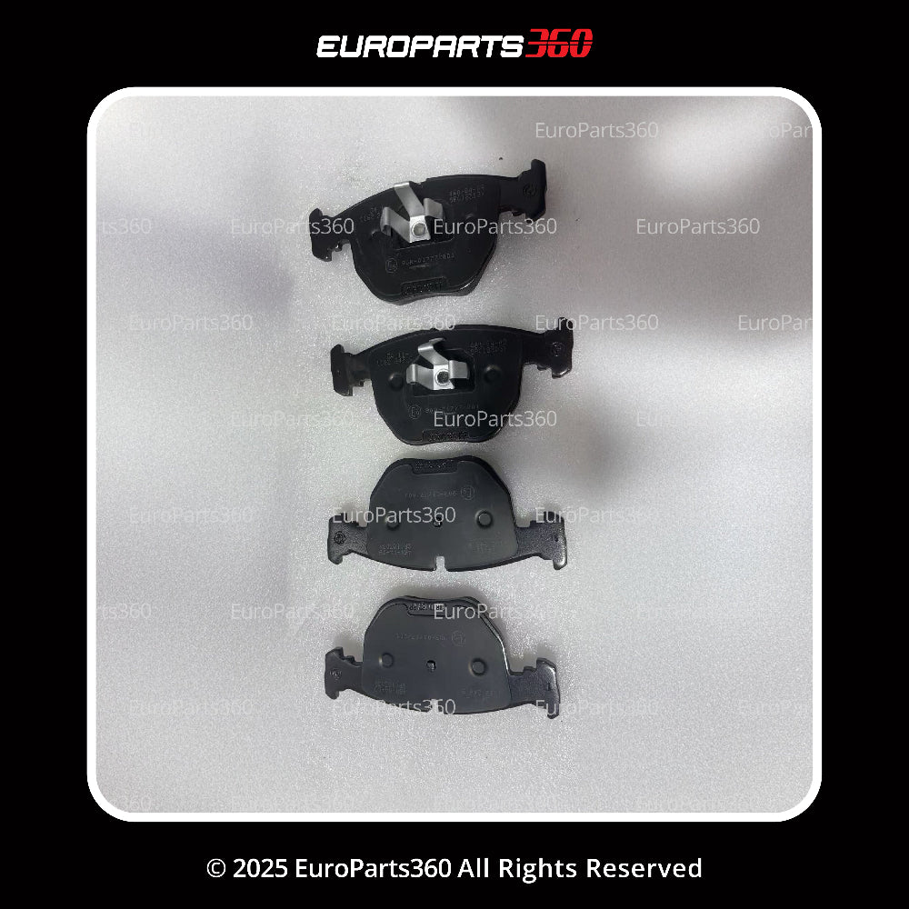 Set of brake pads on a white foam packaging with EuroParts360 branding.