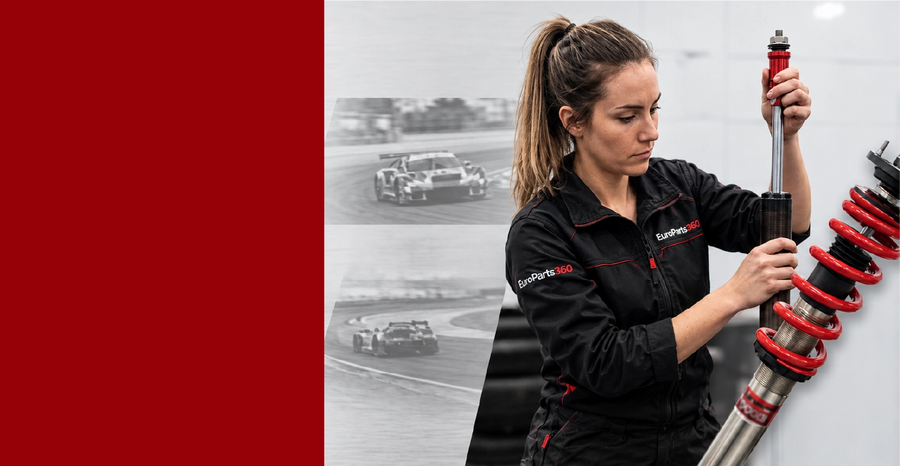 A woman in a black racing team jumpsuit holds a red and silver shock absorber against a white background, with a red vertical band and grayscale racing track photos on the left.