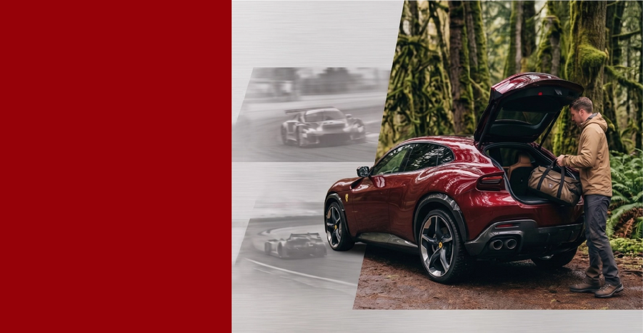 A red luxury crossover SUV with its trunk open, shown beside a forest road with a man loading a duffel bag. Two faded racing car photos appear in the background, and the left side of the frame has a large solid red block.